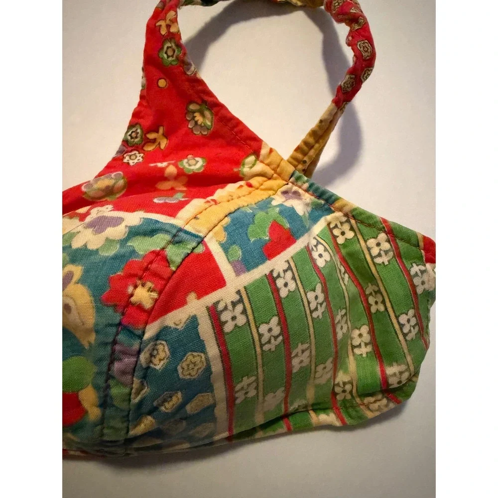 Vintage Patchwork Floral Bikini Top Front Tie Retro Boho‎ Multicolor Swimwear